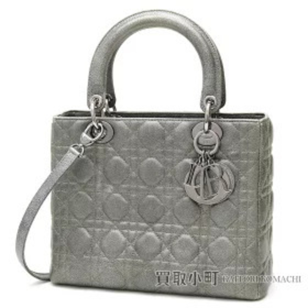 Christian Dior Lady Handbag Cannage Stitch Silver Gray Leather Tote Bag Charm